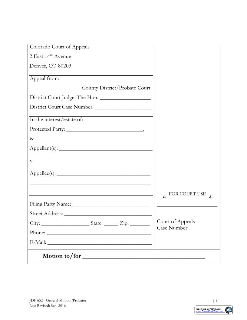 General Motion Probate {JDF 652} | Pdf Fpdf Docx | Colorado