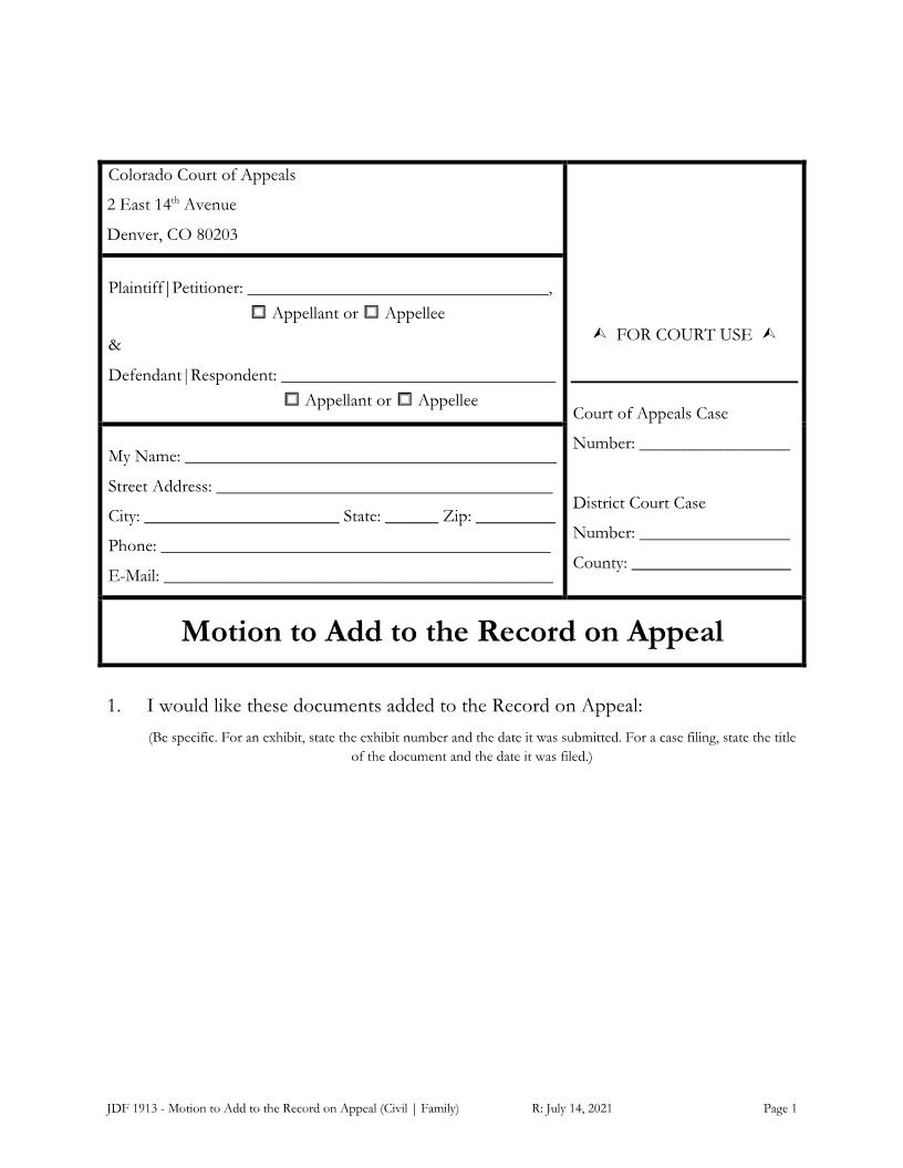 Motion To Add To The Record On Appeal {JDF 1913} | Pdf Fpdf Docx | Colorado