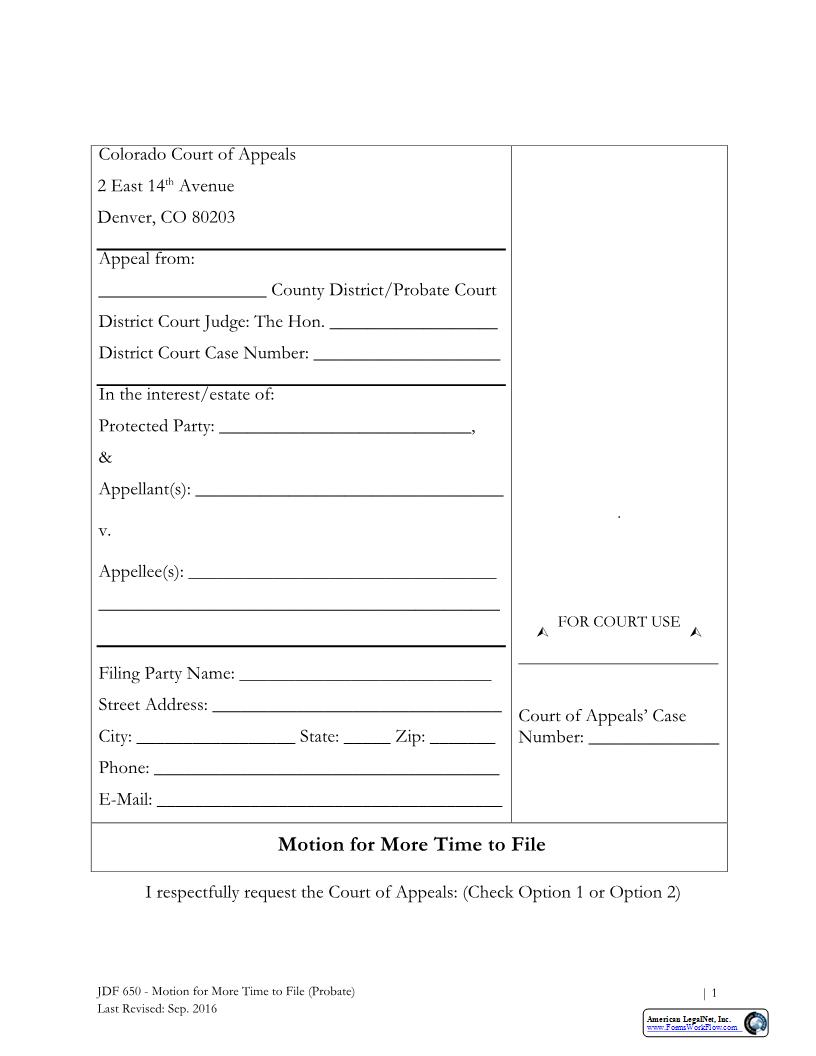 Motion for More Time Probate {JDF 650} | Pdf Fpdf Docx | Colorado