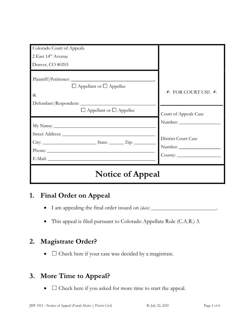 Notice Of Appeal {JDF 1911} | Pdf Fpdf Docx | Colorado