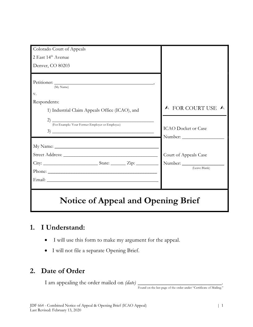 Notice Of Appeal And Opening Brief (ICAO) {JDF 664} | Pdf Fpdf Docx | Colorado