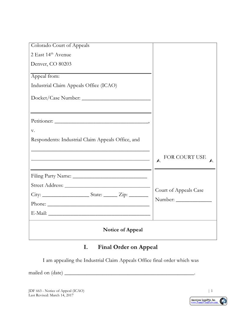 Notice Of Appeal ICAO {JDF 663} | Pdf Fpdf Docx | Colorado