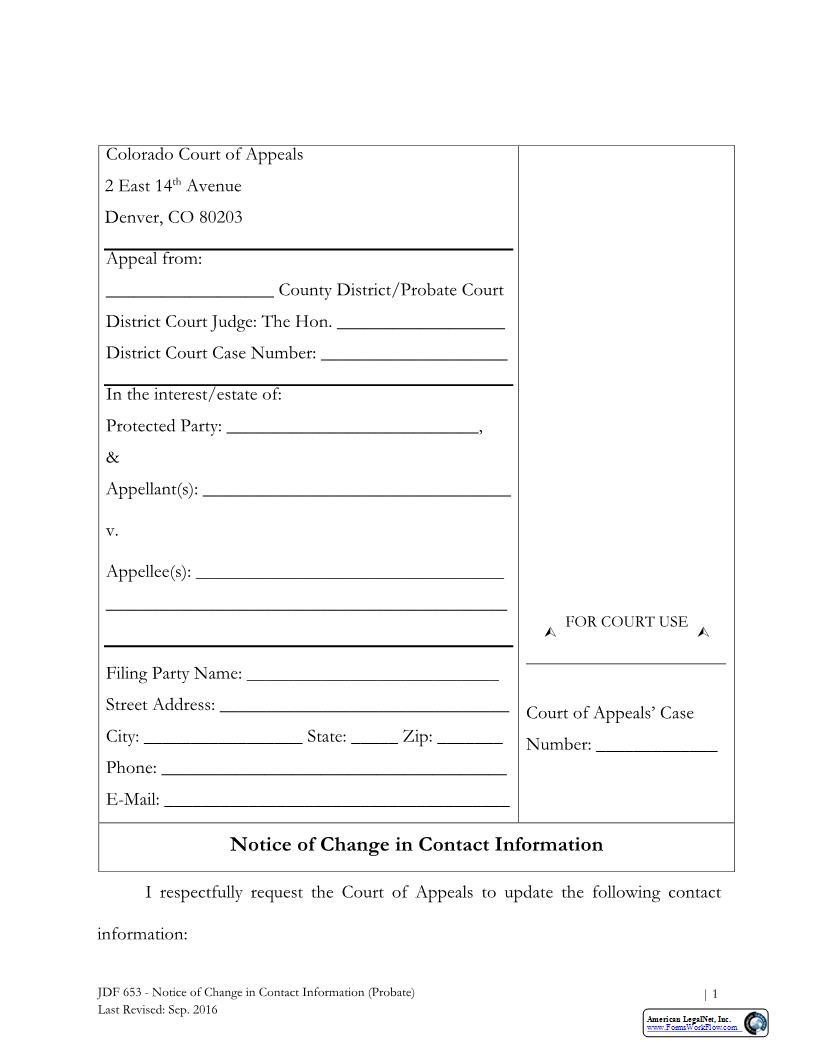 Notice Of Change In Contact Information Probate {JDF 653} | Pdf Fpdf Docx | Colorado
