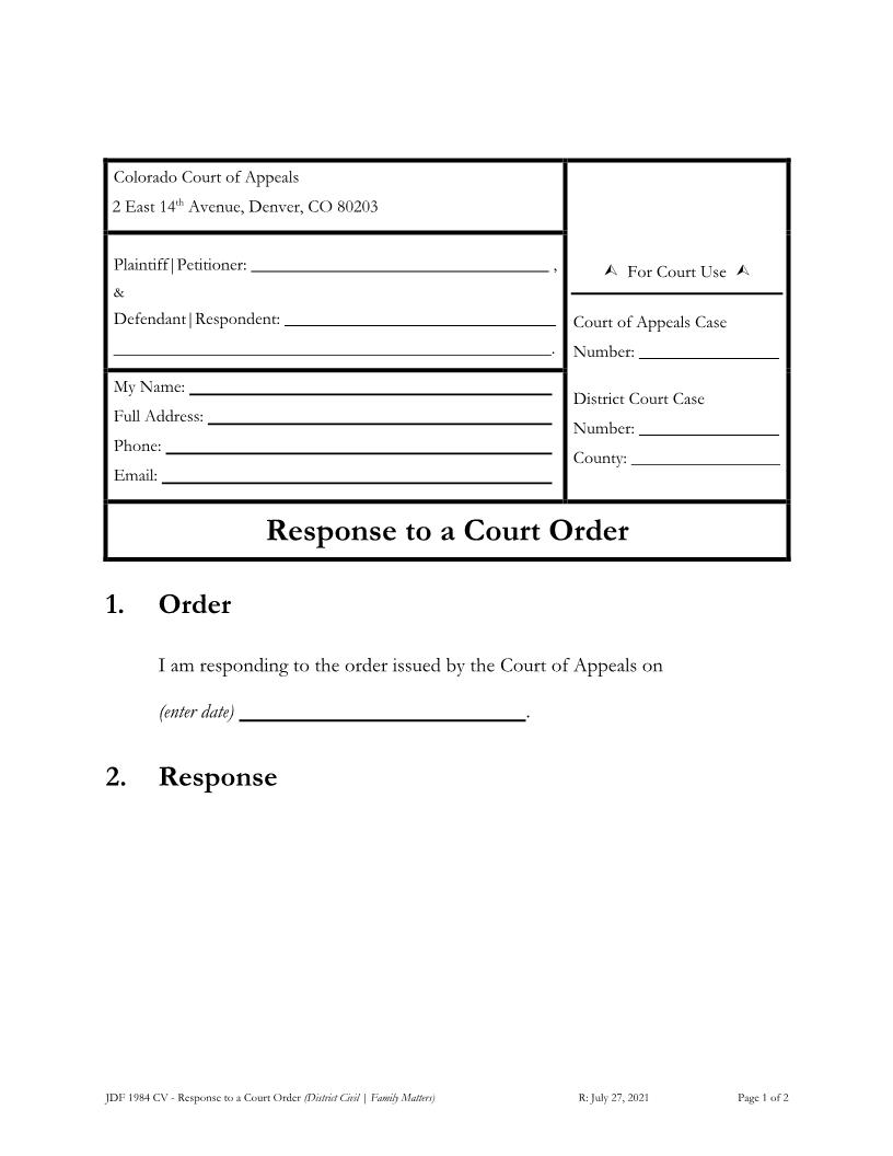 Response To Court Order - Family and Civil {JDF1984CV} | Pdf Fpdf Docx | Colorado