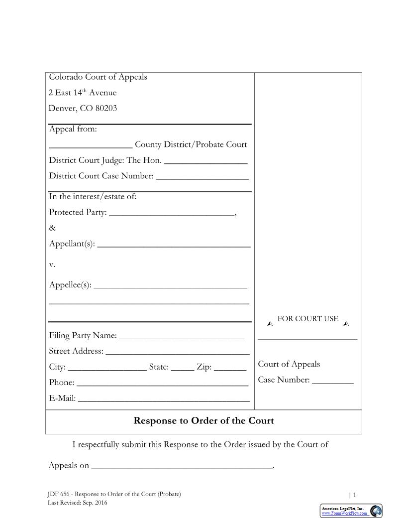 Response to Order Of The Court Probate {JDF 656} | Pdf Fpdf Docx | Colorado