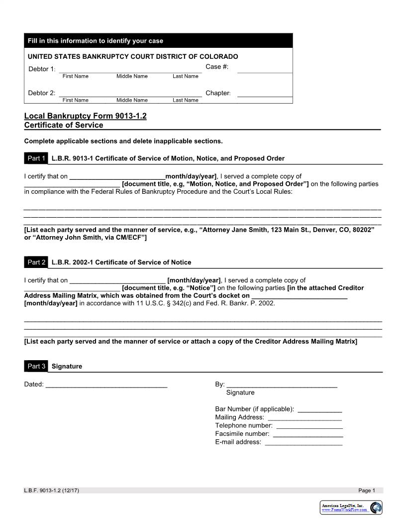 Certificate Of Service {LBF 9013-1.2} | Pdf Fpdf Docx | Colorado