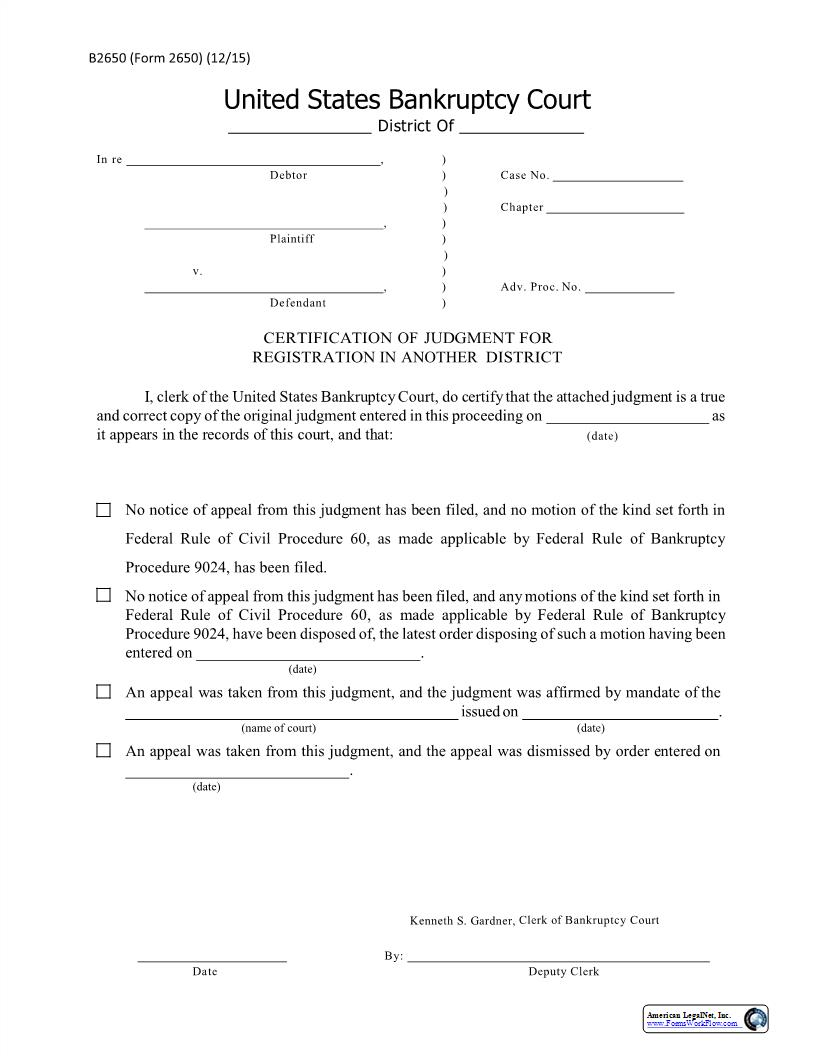 Certification of Judgment for Registration in Another District {2650} | Pdf Fpdf Docx | Colorado