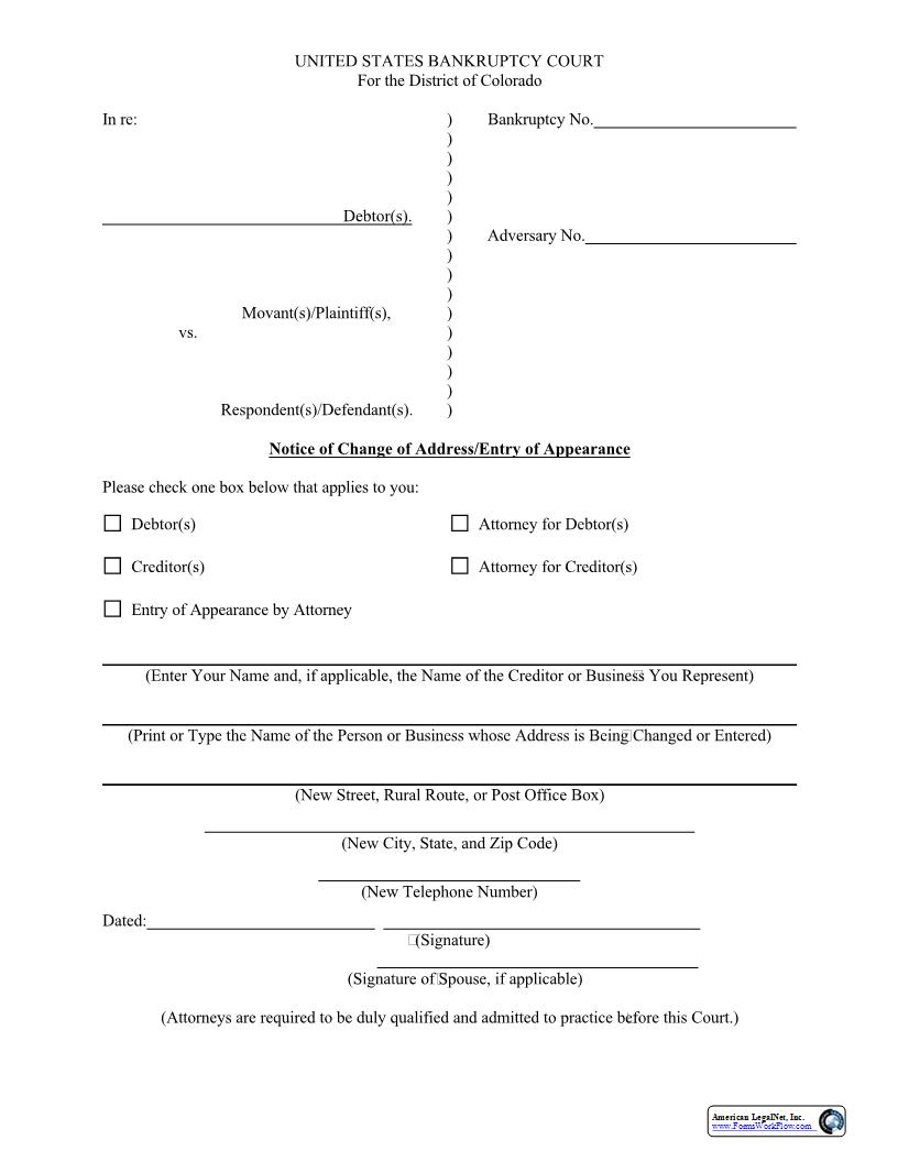 Change of Address-Entry of Appearance | Pdf Fpdf Docx | Colorado