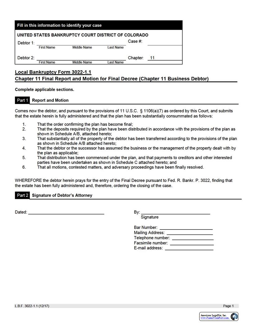 Chapter 11 Final Report And Motion For Final Decree (Business Debtor) {LBF 3022-1.1} | Pdf Fpdf Docx | Colorado