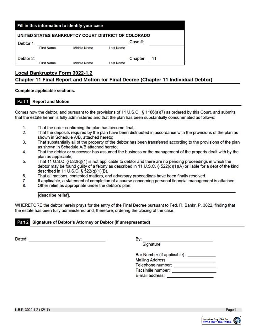 Chapter 11 Final Report and Motion For Final Decree (Individual Debtor) {LBF 3022-1.2} | Pdf Fpdf Docx | Colorado