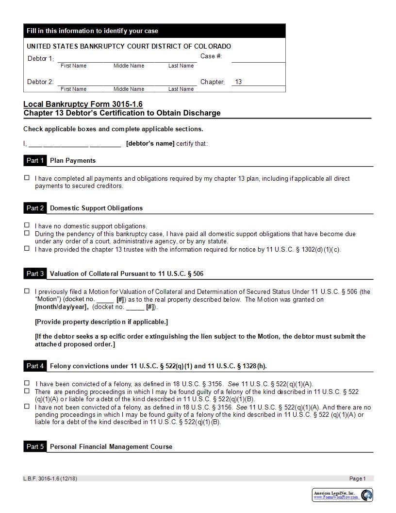 Chapter 13 Debtors Certification To Obtain Discharge {LBF 3015-1.6} | Pdf Fpdf Docx | Colorado