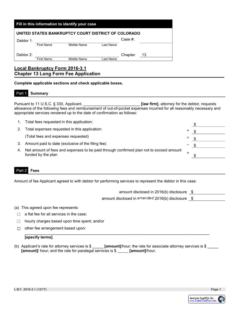 Chapter 13 Long Form Fee Application {LBF 2016-3.1} | Pdf Fpdf Docx | Colorado