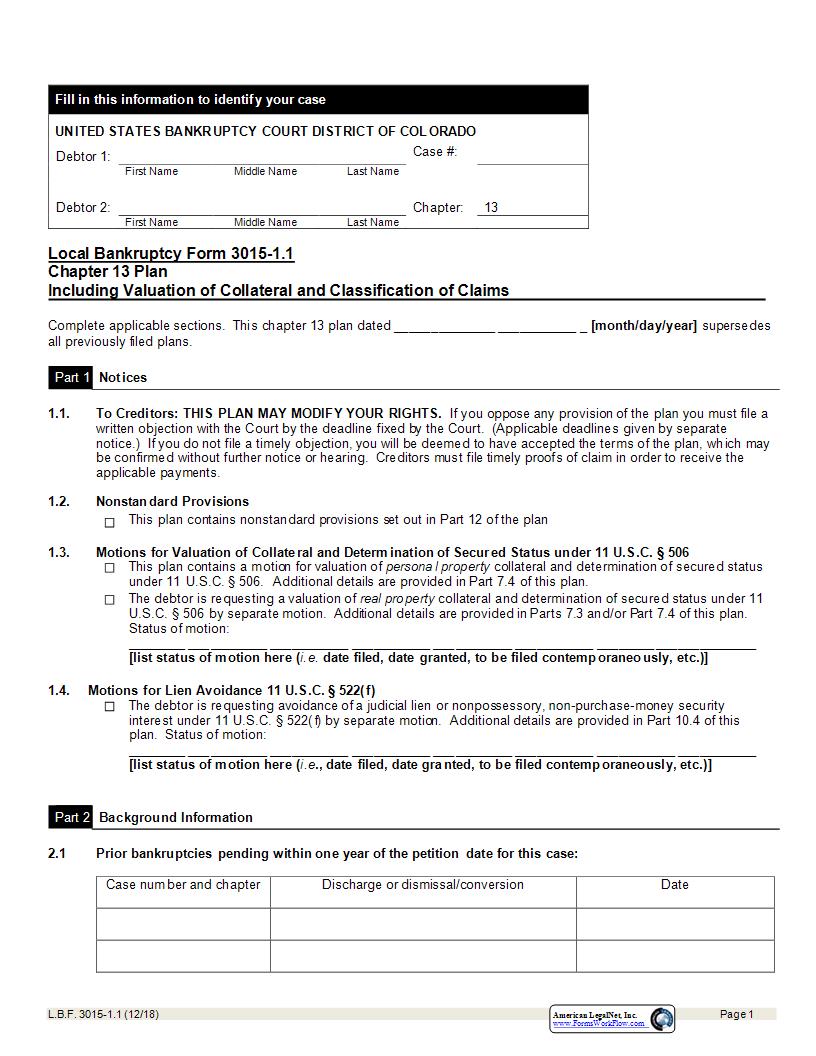 Chapter 13 Plan Including Valuation And Classifications {LBF 3015-1.1} | Pdf Fpdf Docx | Colorado