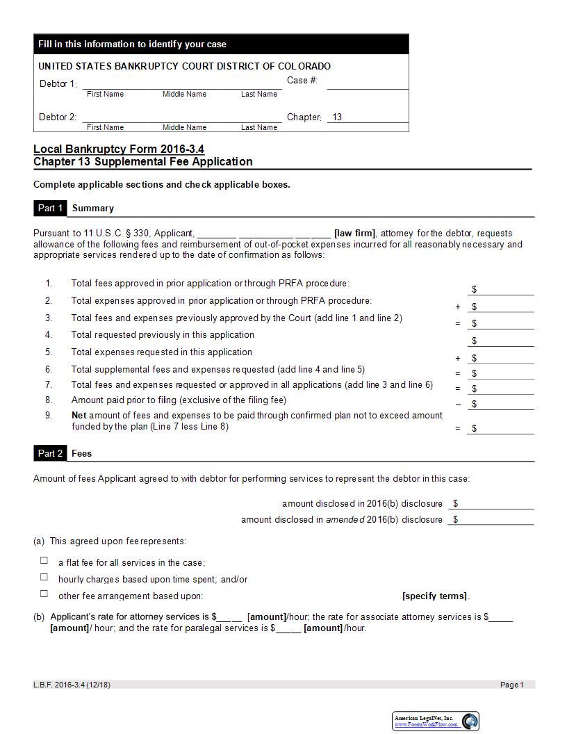 Chapter 13 Supplemental Fee Application {LBF 2016-3.4} | Pdf Fpdf Docx | Colorado