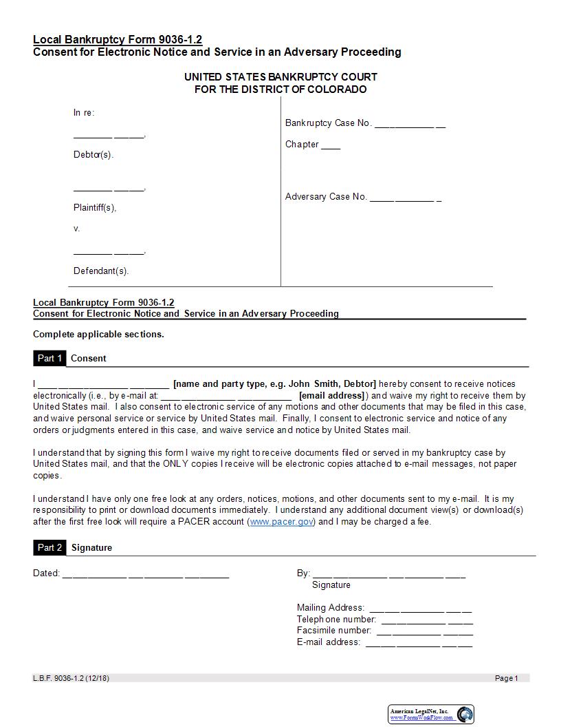 Consent For Electronic Notice And Service In Adversary {9036-1.2} | Pdf Fpdf Docx | Colorado