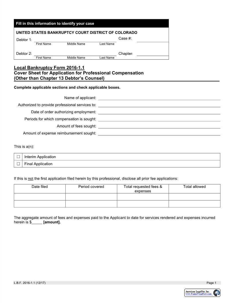 Cover Sheet For Application For Professional Compensation {LBF 2016-1.1 } | Pdf Fpdf Docx | Colorado