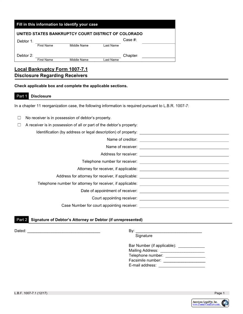 Disclosure Regarding Receivers {LBF 1007-7.1} | Pdf Fpdf Docx | Colorado