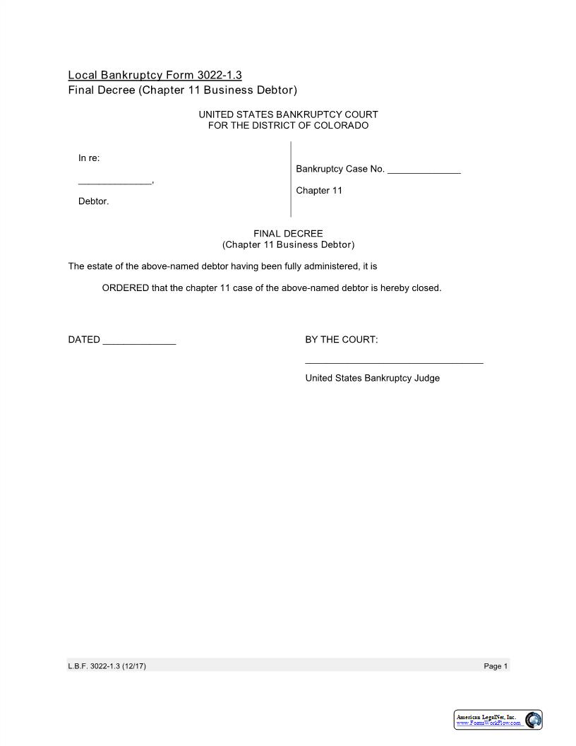 Final Decree (Chapter 11 Business Debtor) {LBC 3022-1.3} | Pdf Fpdf Docx | Colorado