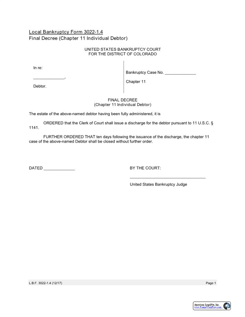 Final Decree (Chapter 11 Individual Debtor) {LBC 3022-1.4} | Pdf Fpdf Docx | Colorado