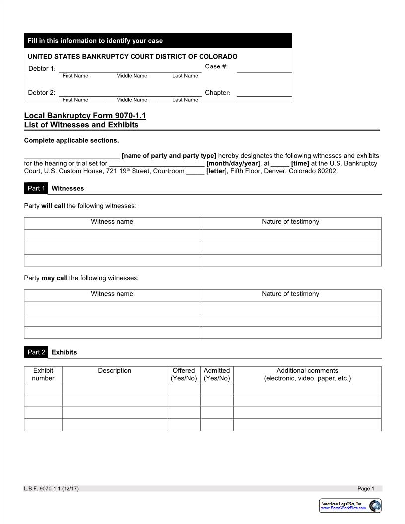 List Of Witnesses And Exhibits {LBF 9070-1.1} | Pdf Fpdf Docx | Colorado