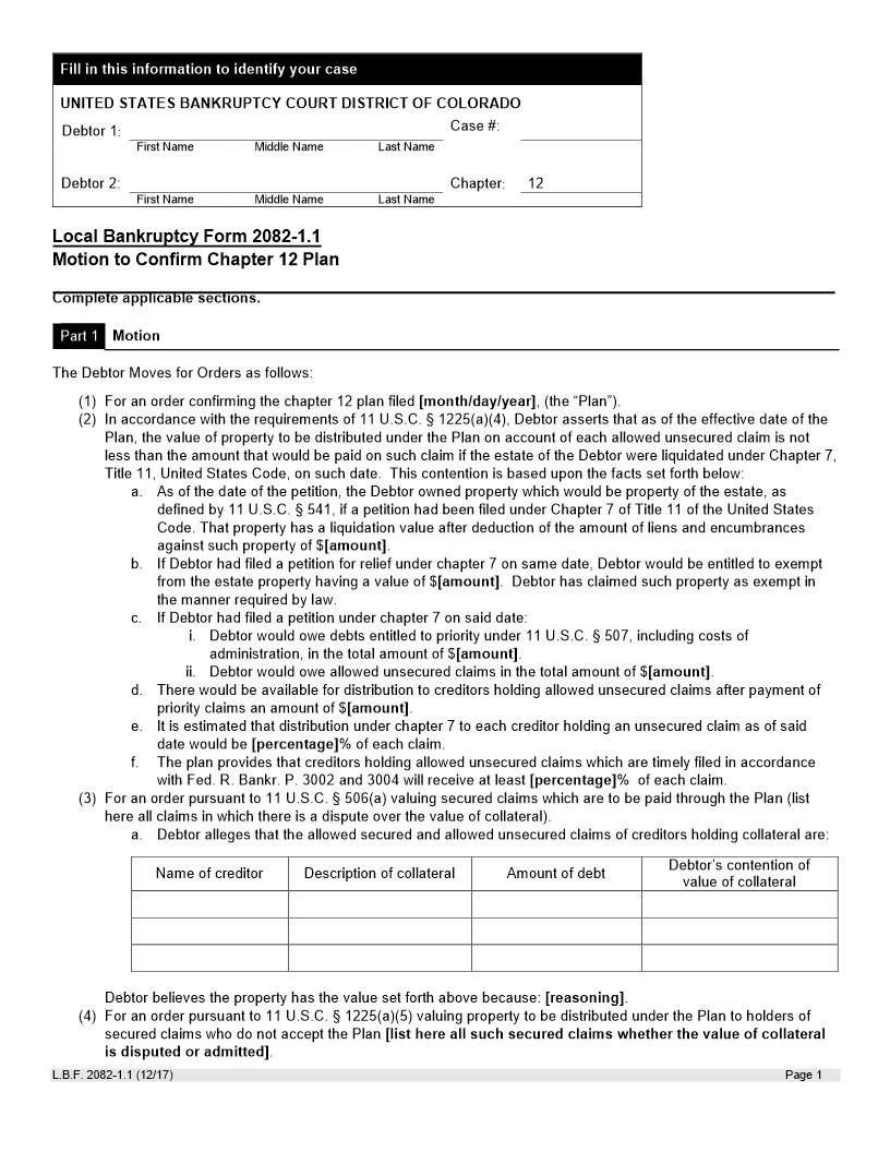 Motion To Confirm Chapter 12 Plan {LBF 2082-1.1} | Pdf Fpdf Docx | Colorado