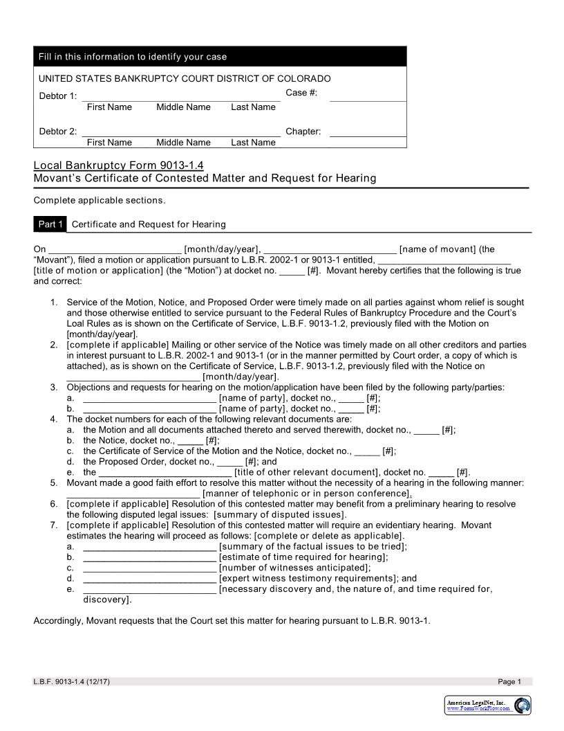 Movants Certificate Of Contested Matter And Request For Hearing {LBF 9013-1.4} | Pdf Fpdf Docx | Colorado