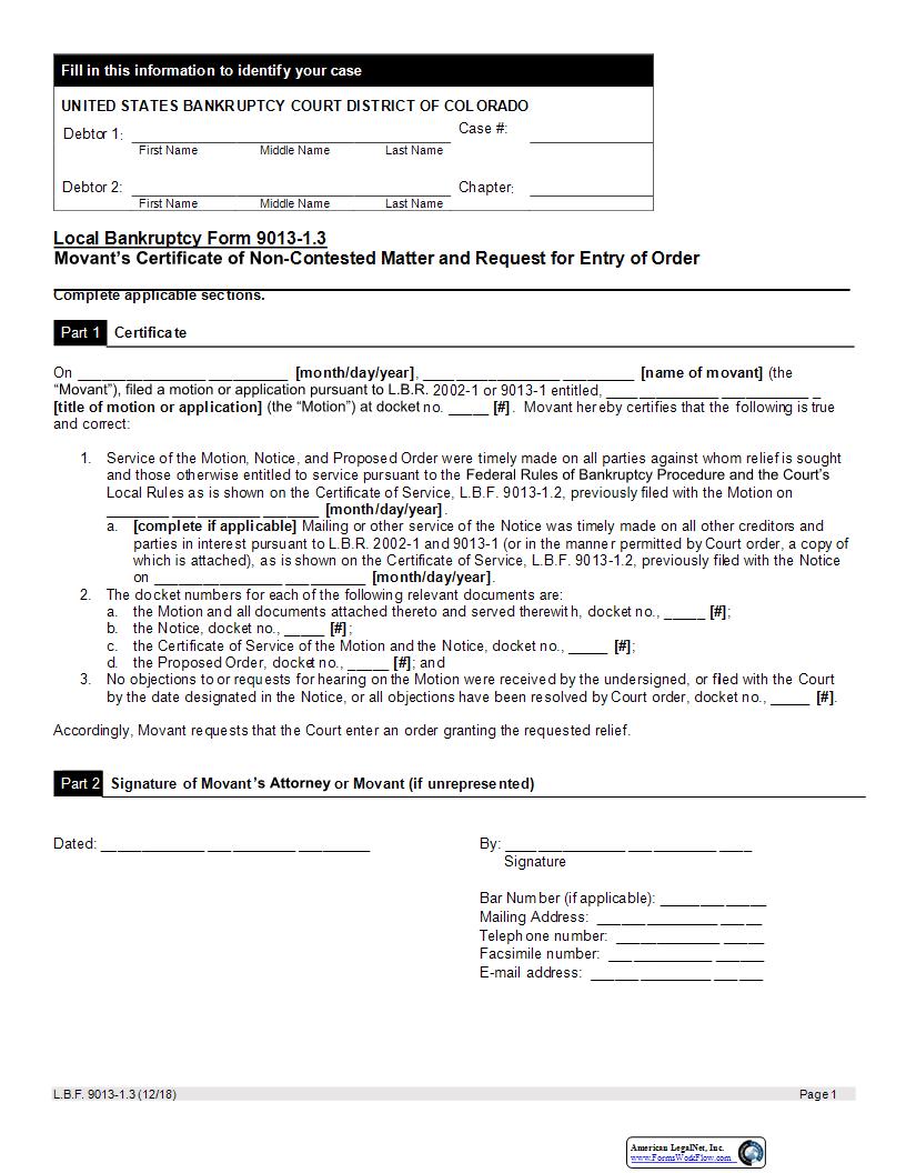 Movants Certificate Of Non Contested  Matter {LBF 9013-1.3} | Pdf Fpdf Docx | Colorado