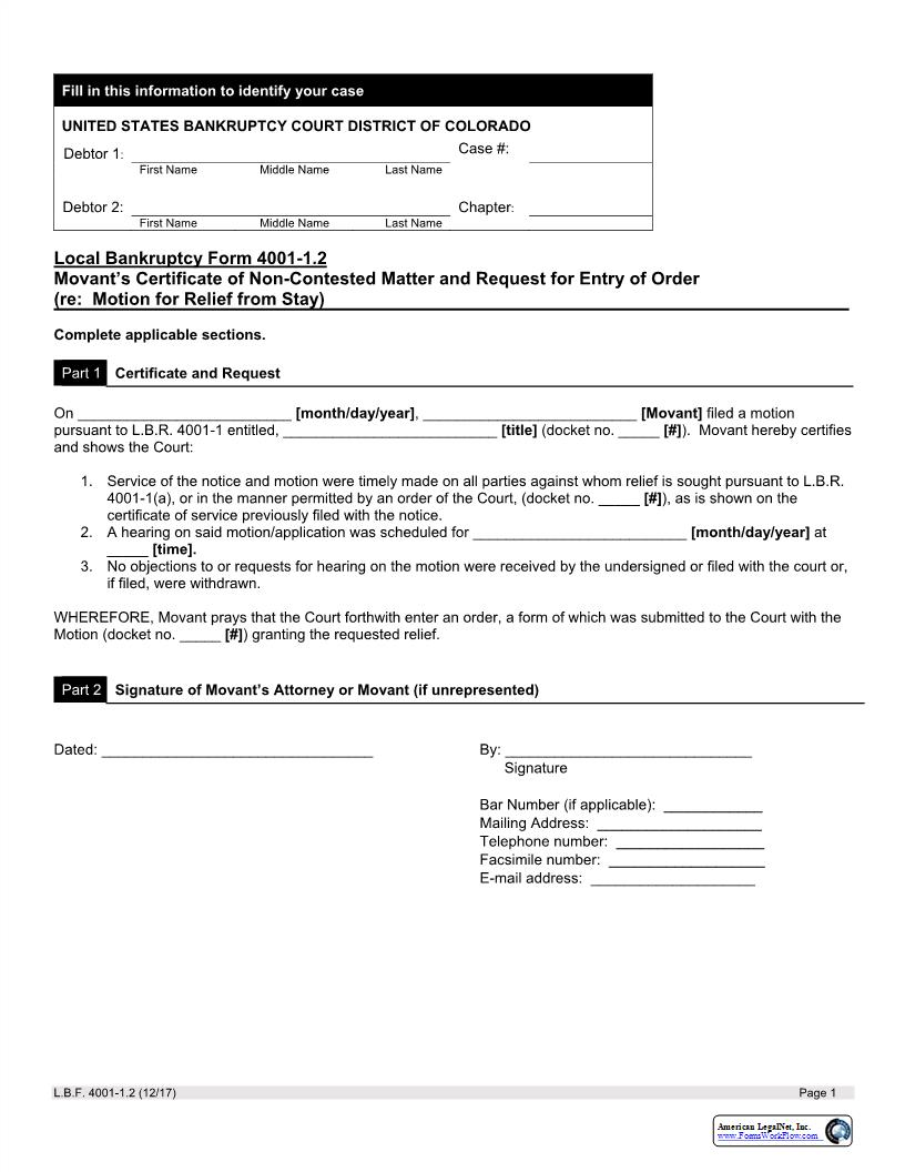 Movants Certificate Of Non Contested Matter And Request For Entry Of Order {LBF 4001-1.2} | Pdf Fpdf Docx | Colorado