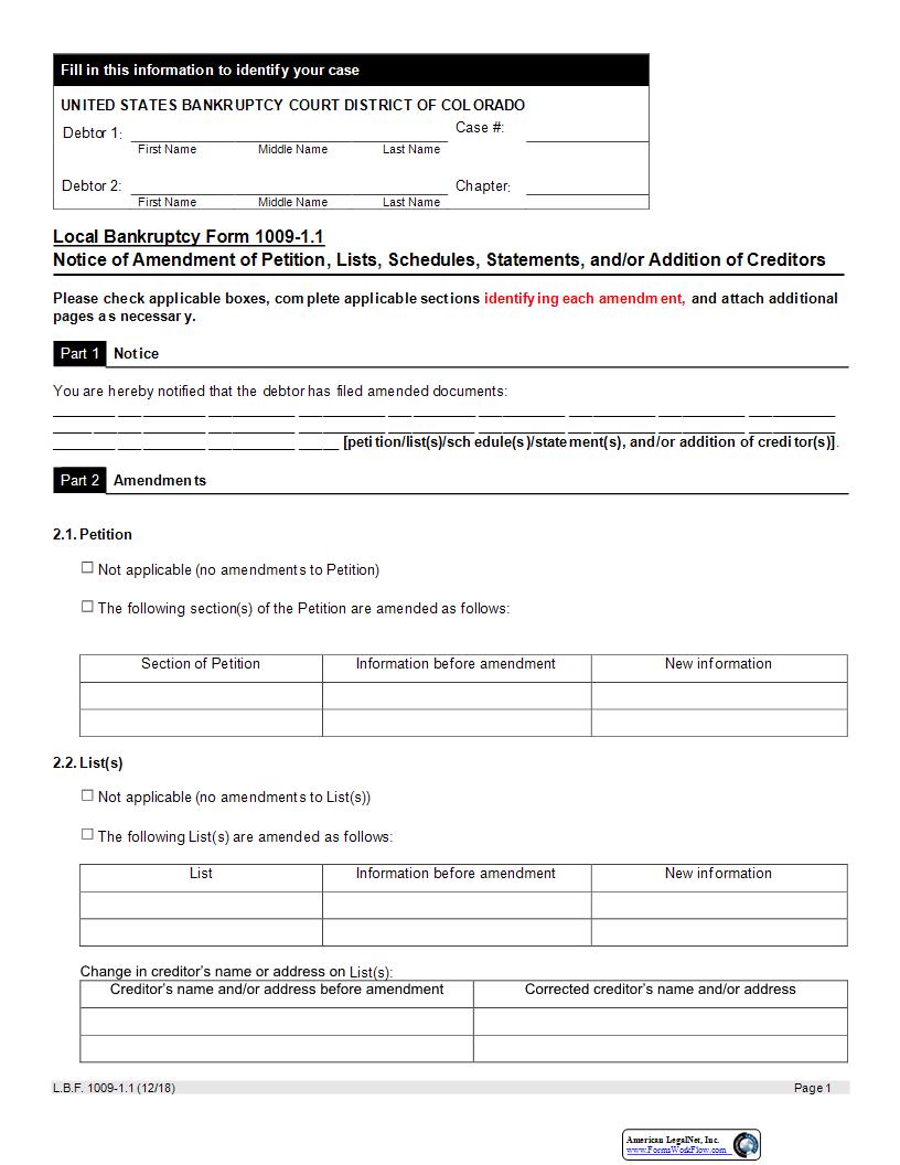 Notice Of Amendment Of Petition {LBF 1009-1.1} | Pdf Fpdf Docx | Colorado
