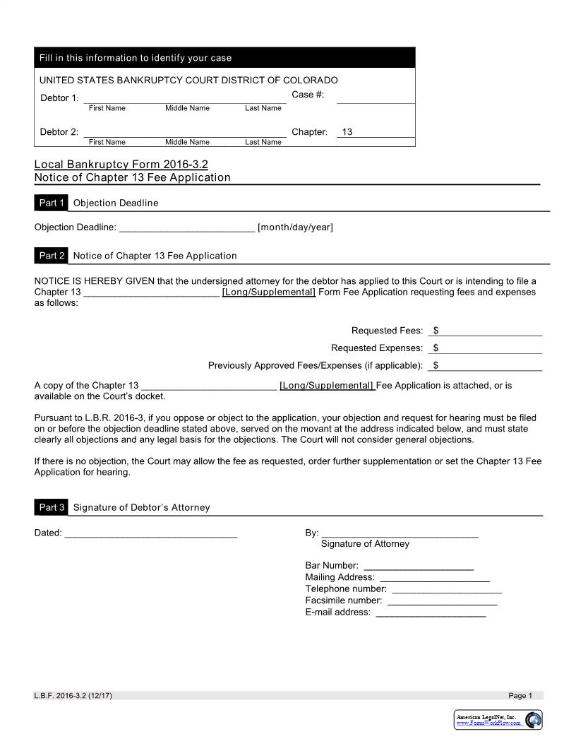 Notice Of Chapter 13 Fee Application {LBF 2016-3.2} | Pdf Fpdf Docx | Colorado