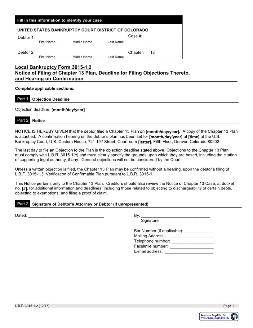 Notice Of Filing Of Chapter 13 Plan Deadline For Filing Objections Thereto And Hearing On Confirmation {LBF 3015-1.2} | Pdf Fpdf Docx | Colorado