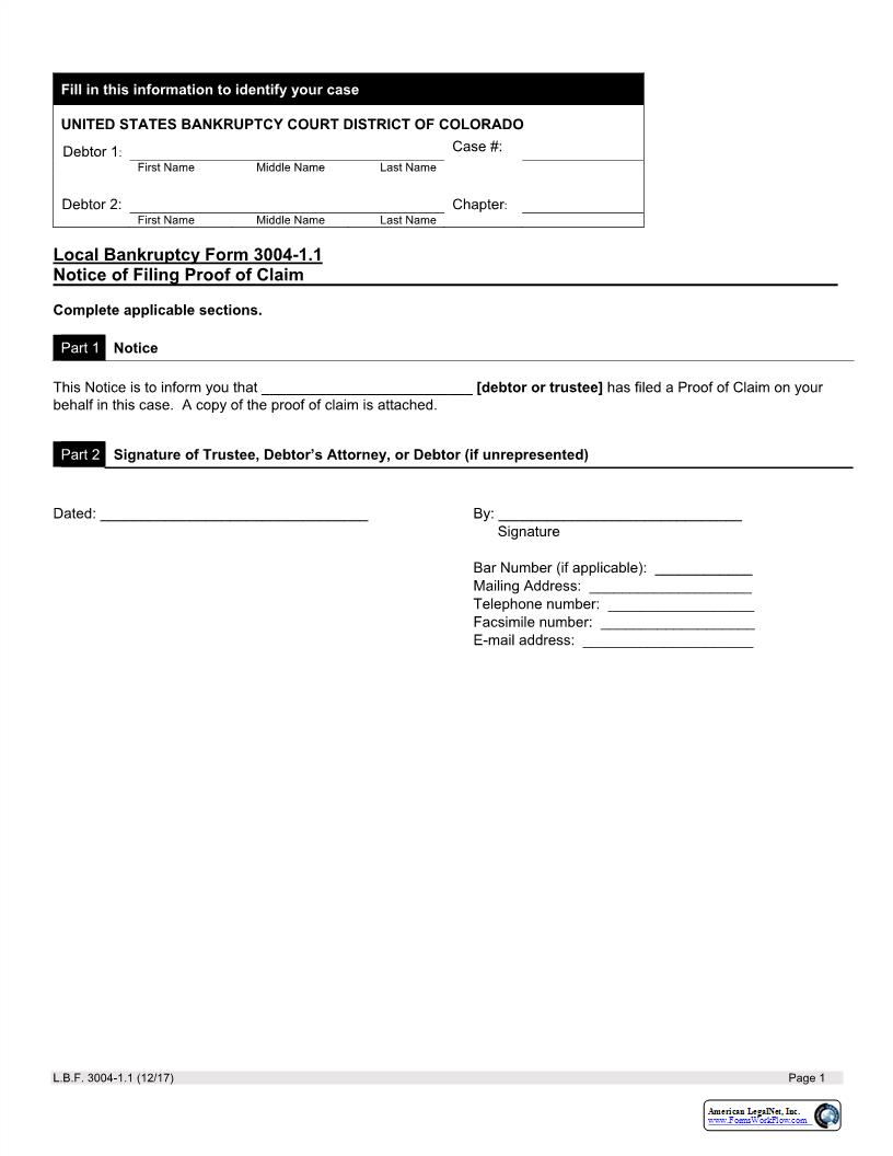 Notice Of Filing Proof Of Claim {LBF 3004-1.1} | Pdf Fpdf Docx | Colorado