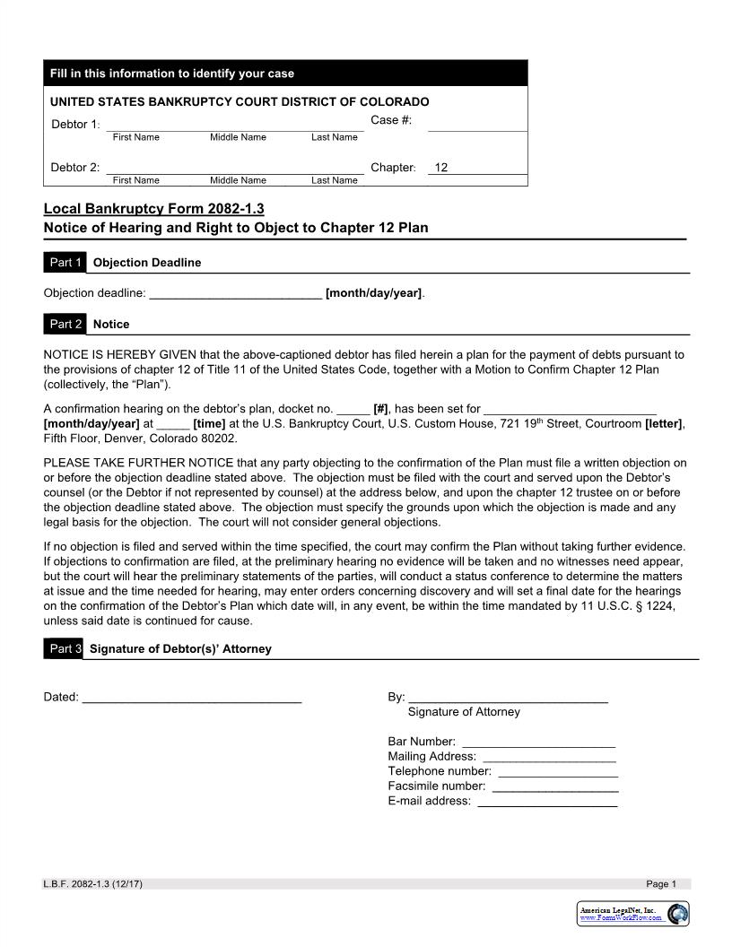 Notice Of Hearing And The Right To Object To Chapter 12 Plan {LBF 2082-1.3} | Pdf Fpdf Docx | Colorado