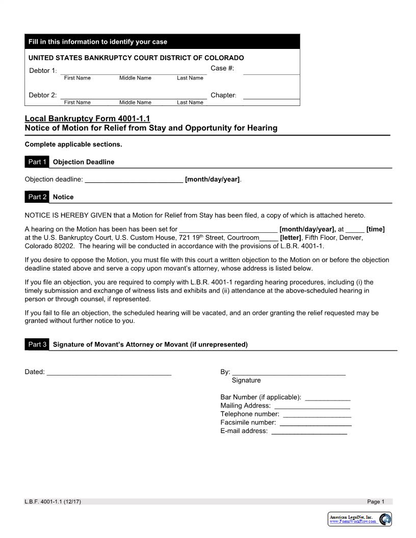 Notice Of Motion For Relief From Stay And Opportunity For Hearing {LBF 4001-1.1} | Pdf Fpdf Docx | Colorado