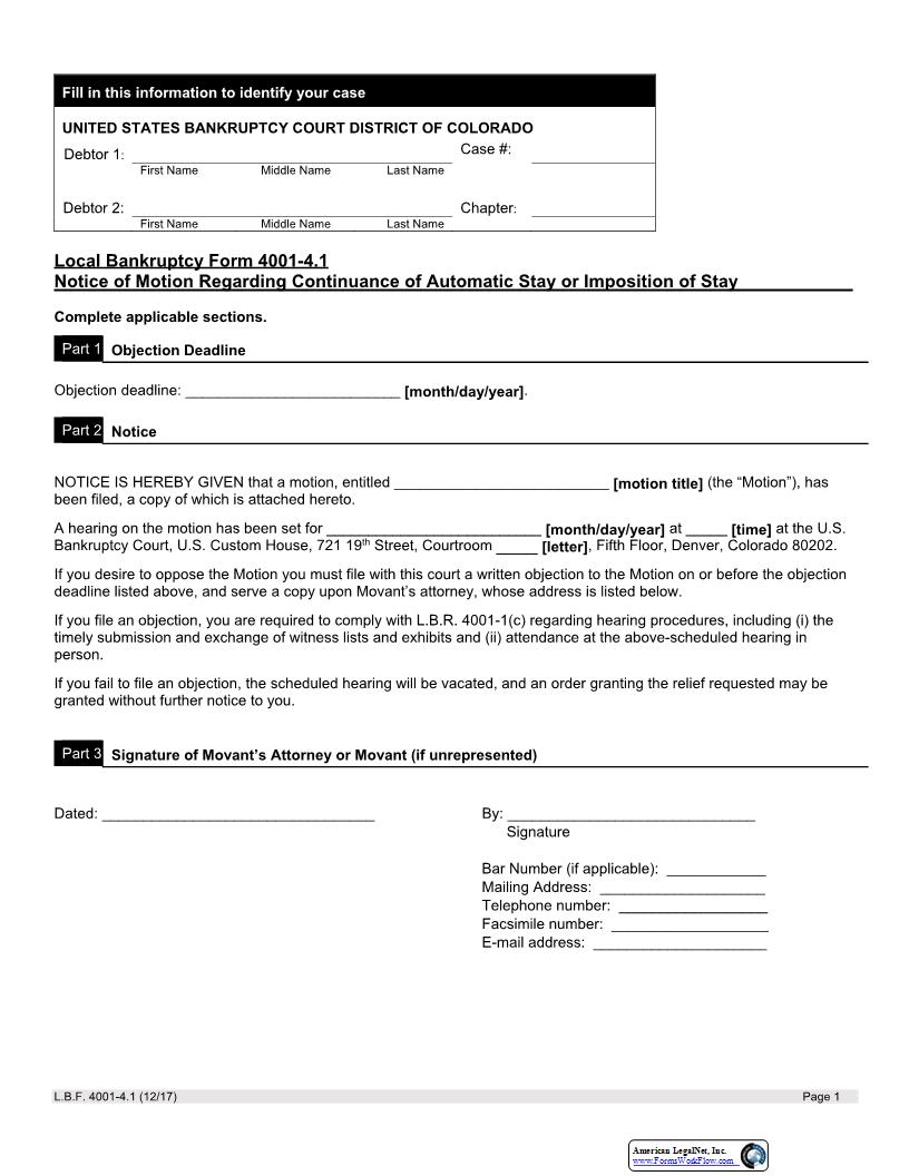 Notice Of Motion Regarding Continuance Or Imposition Of Stay {LBF 4001-4.1} | Pdf Fpdf Docx | Colorado
