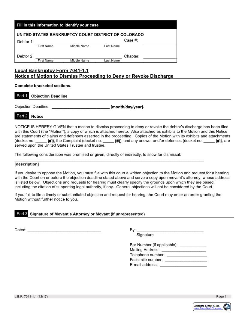 Notice Of Motion To Dismiss Proceeding To Deny Or Revoke Discharge {LBF 7041.1} | Pdf Fpdf Docx | Colorado