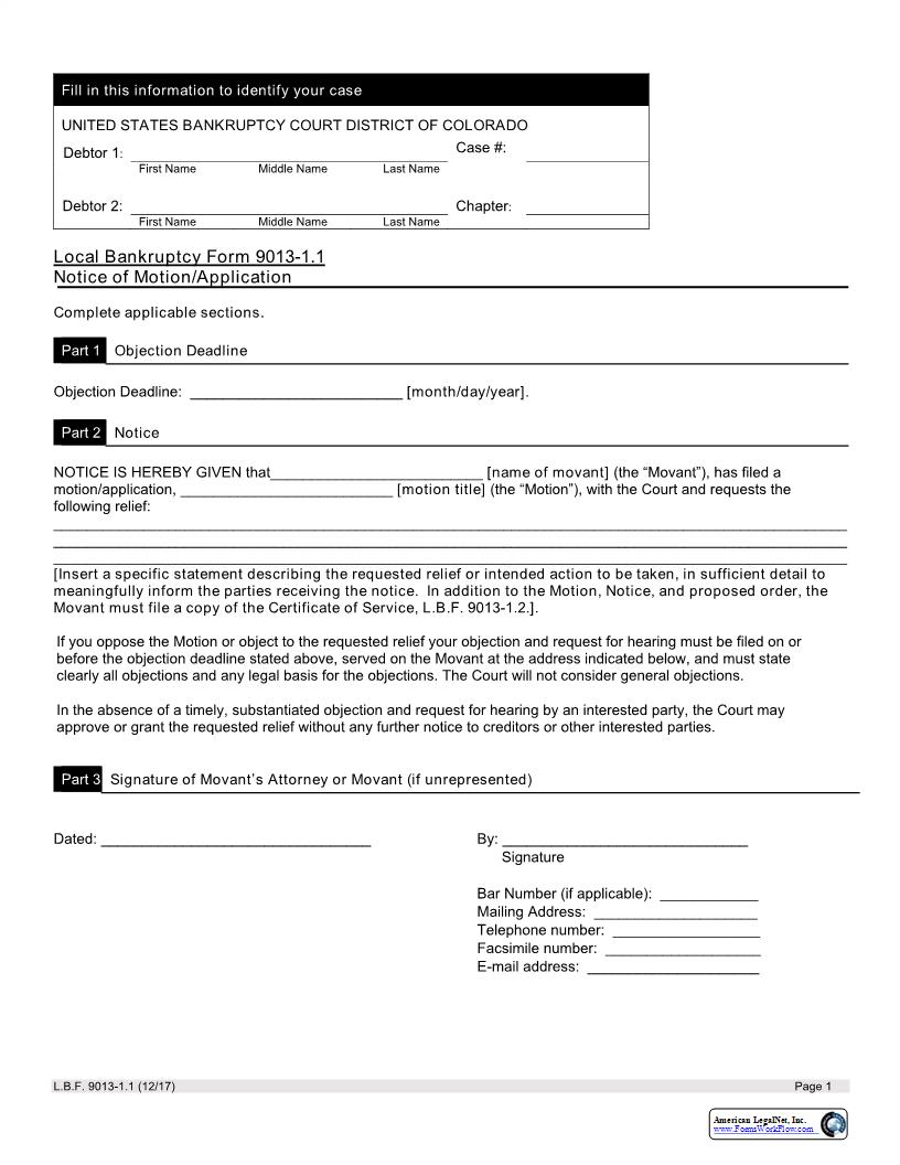 Notice Of Motion-Appliction {LBF 9013-1.1} | Pdf Fpdf Docx | Colorado
