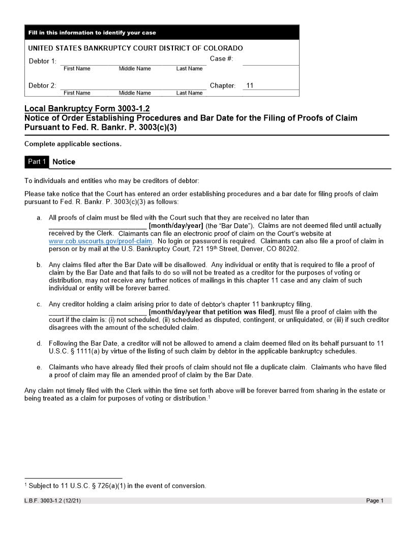 Notice Of Order Establishing Procedures And Bar Date For The Filing Of Proofs Of Claim {LBF 3003-1.2} | Pdf Fpdf Docx | Colorado