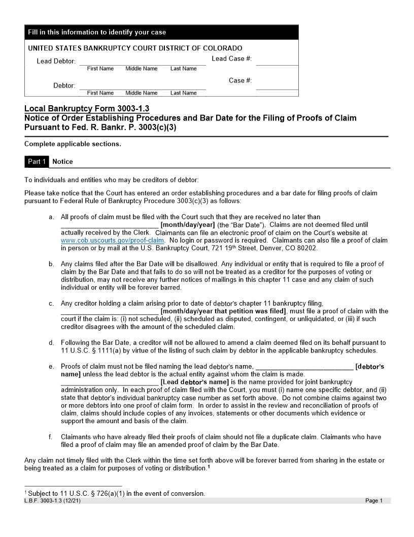 Notice Of Order Establishing Procedures And Bar Date For The Filing Of Proofs Of Claim {LBF 3003-1.3} | Pdf Fpdf Docx | Colorado