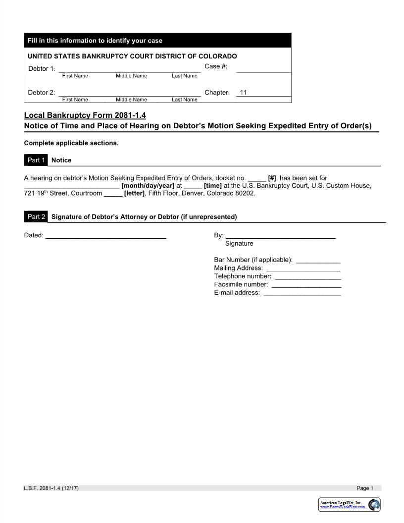 Notice Of Time And Place Of Hearing On Debtors Motion Seeking Expedited Entry Of Orders {LBF 2081-1.4} | Pdf Fpdf Docx | Colorado