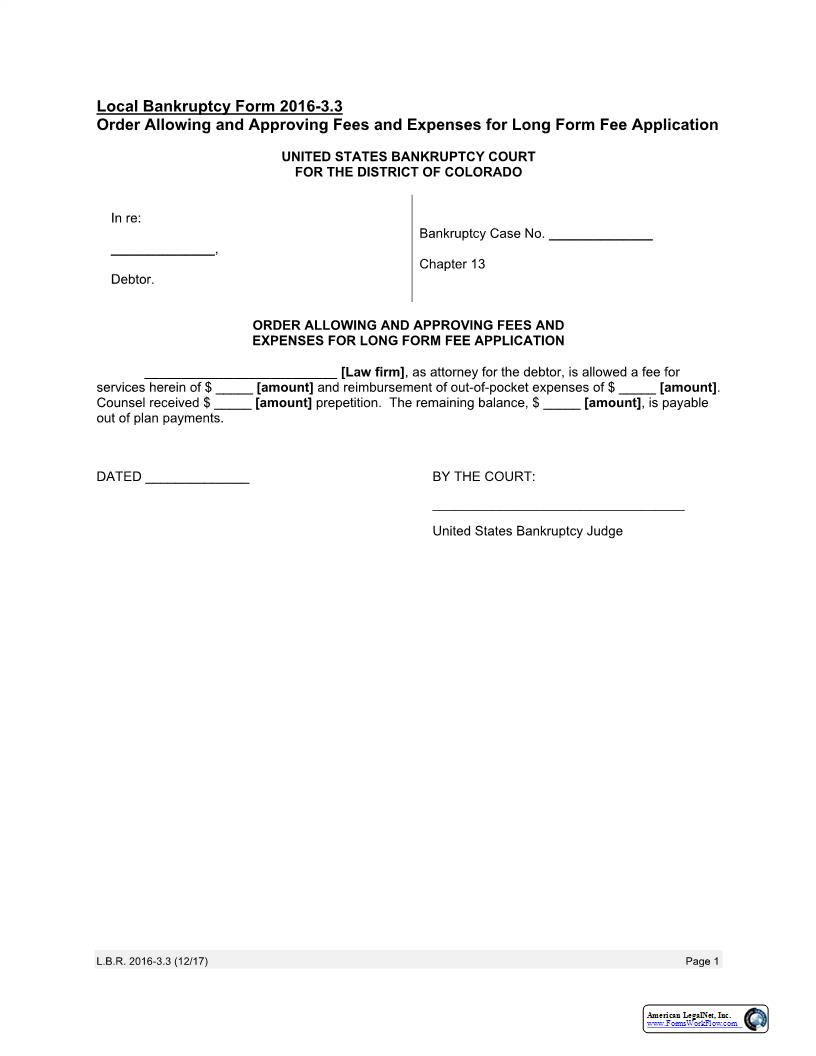 Order Allowing And Approving Fees And Expenses For Long Form Fee Application {LBF 2016-3.3} | Pdf Fpdf Docx | Colorado