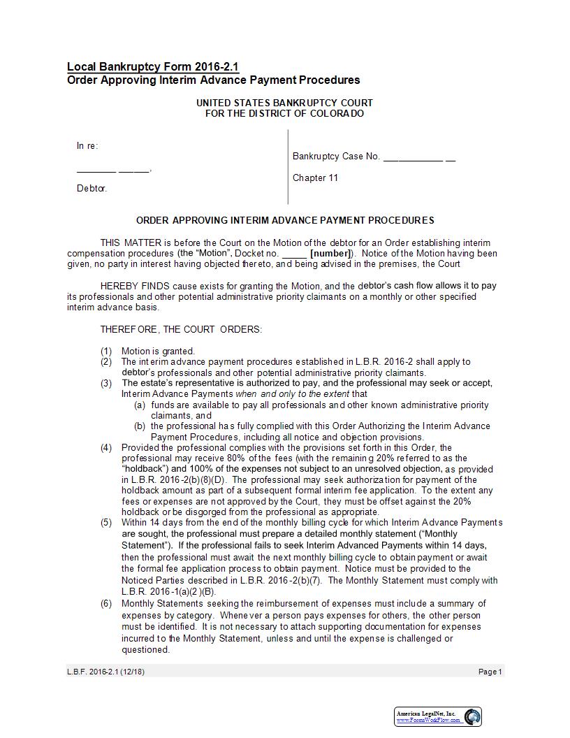 Order Approving Interim Advance Payment Procedures{2016-2.1} | Pdf Fpdf Docx | Colorado