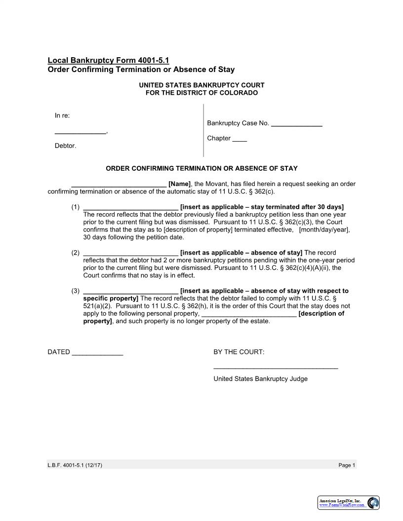 Order Confirming Termination Or Absence Of Stay {LBF 4001-5.1} | Pdf Fpdf Docx | Colorado