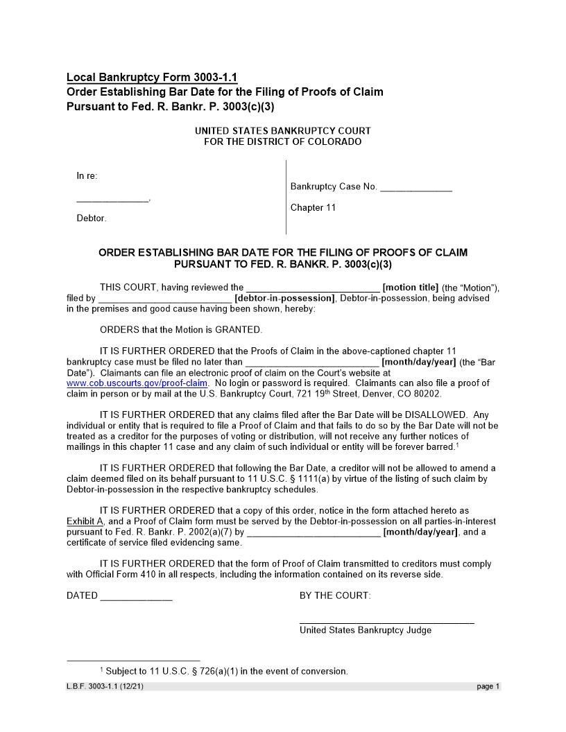 Order Establishing Bar Date For The Filing Of Proofs Of Claim Pursuant To FED {LBF 3003-1.1} | Pdf Fpdf Docx | Colorado