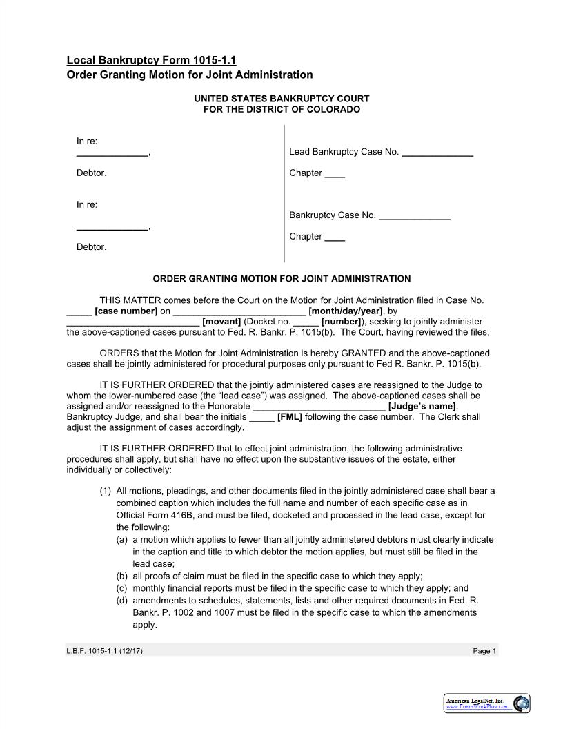 Order Granting Motion For Joint Administration {LBF 1015-1.1} | Pdf Fpdf Docx | Colorado