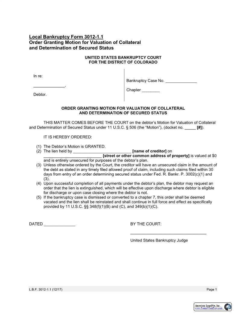 Order Granting Motion For Valuation Of Collateral And Determination Of Secured Status {LBF 3012-1.1} | Pdf Fpdf Doc Docx | Colorado