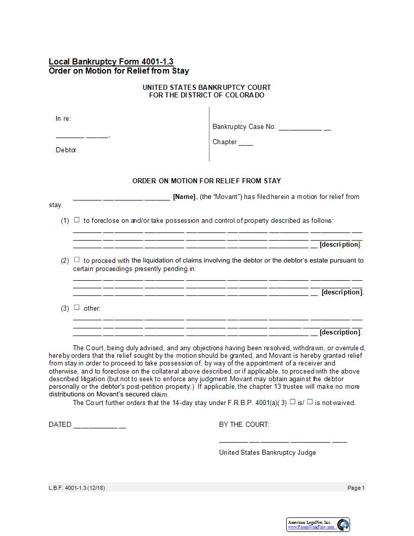 Order On Motion For Relief From Stay {LBF 4001-1.3} | Pdf Fpdf Docx | Colorado