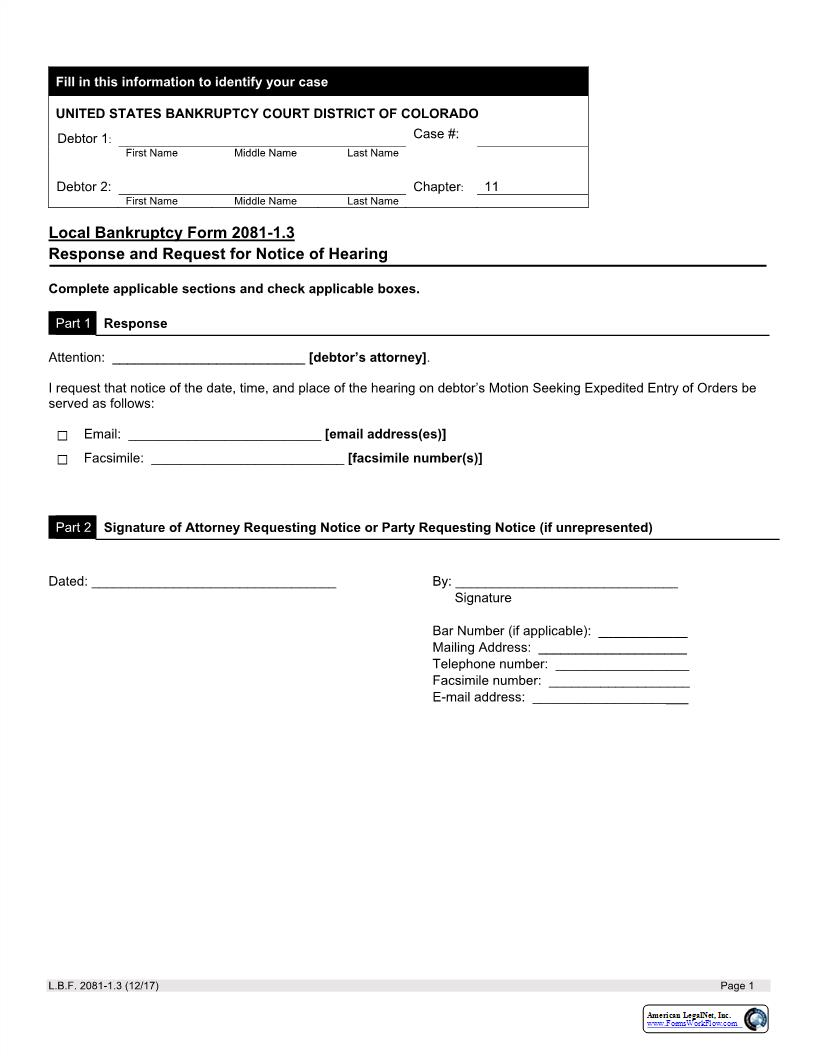 Response And Request For Notice Of Hearing {LBF 2081-1.3} | Pdf Fpdf Docx | Colorado