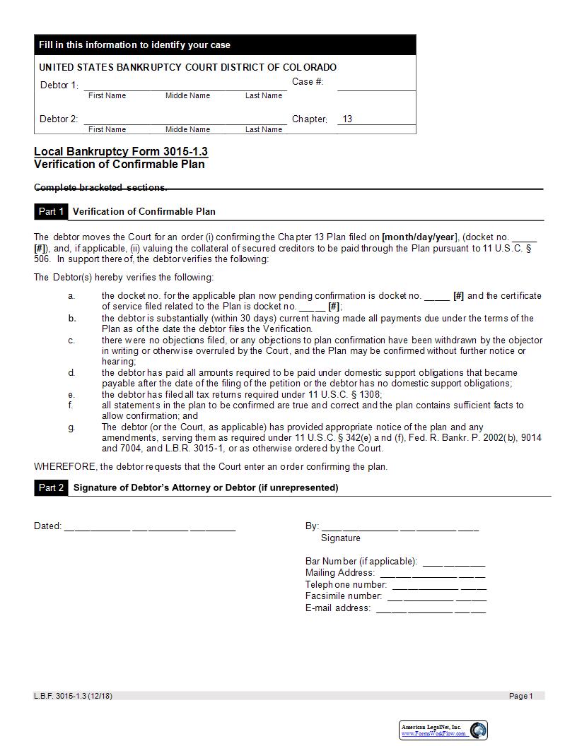 Verification Of Confirmable Plan {LBF 3015-1.3} | Pdf Fpdf Docx | Colorado