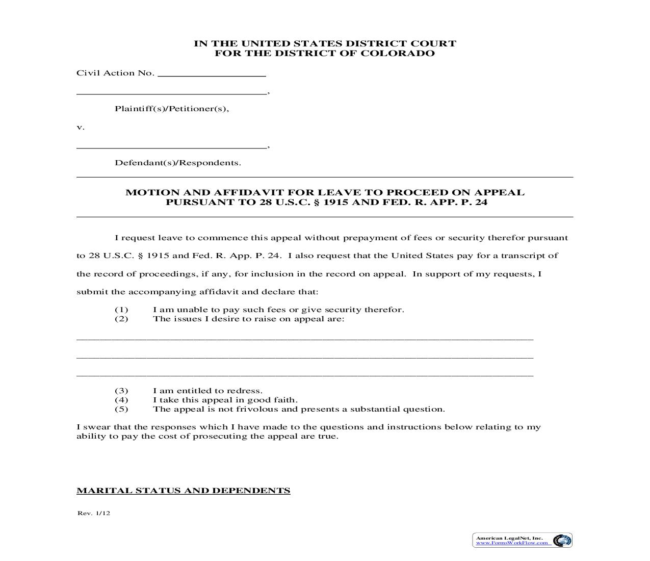 Motion And Affidavit For Leave To Proceed On Appeal Pursuant To 28 USC Section 1915 And Fed. R. App. P. 24 | Pdf Fpdf Doc Docx | Colorado